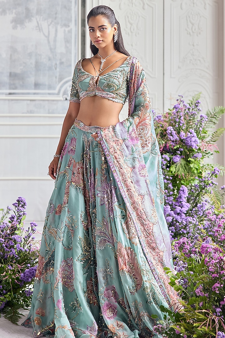 Jade Green Silk Organza Hand Embroidered Bridal Lehenga Set by Mahima Mahajan at Pernia's Pop Up Shop