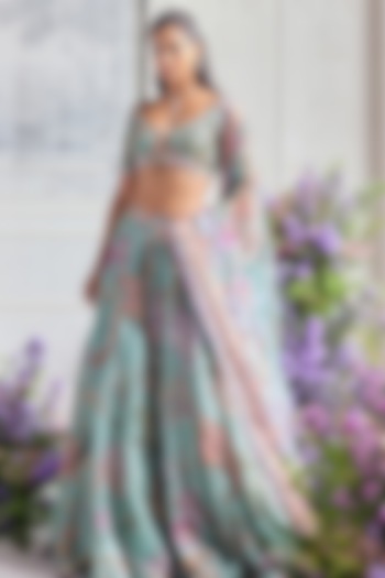 Jade Green Silk Organza Embroidered & Printed Bridal Lehenga Set by Mahima Mahajan at Pernia's Pop Up Shop