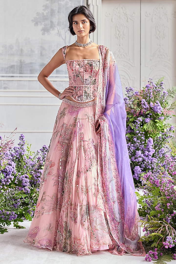 Blush Pink Silk Organza Embroidered & Printed Bridal Lehenga Set by Mahima Mahajan at Pernia's Pop Up Shop