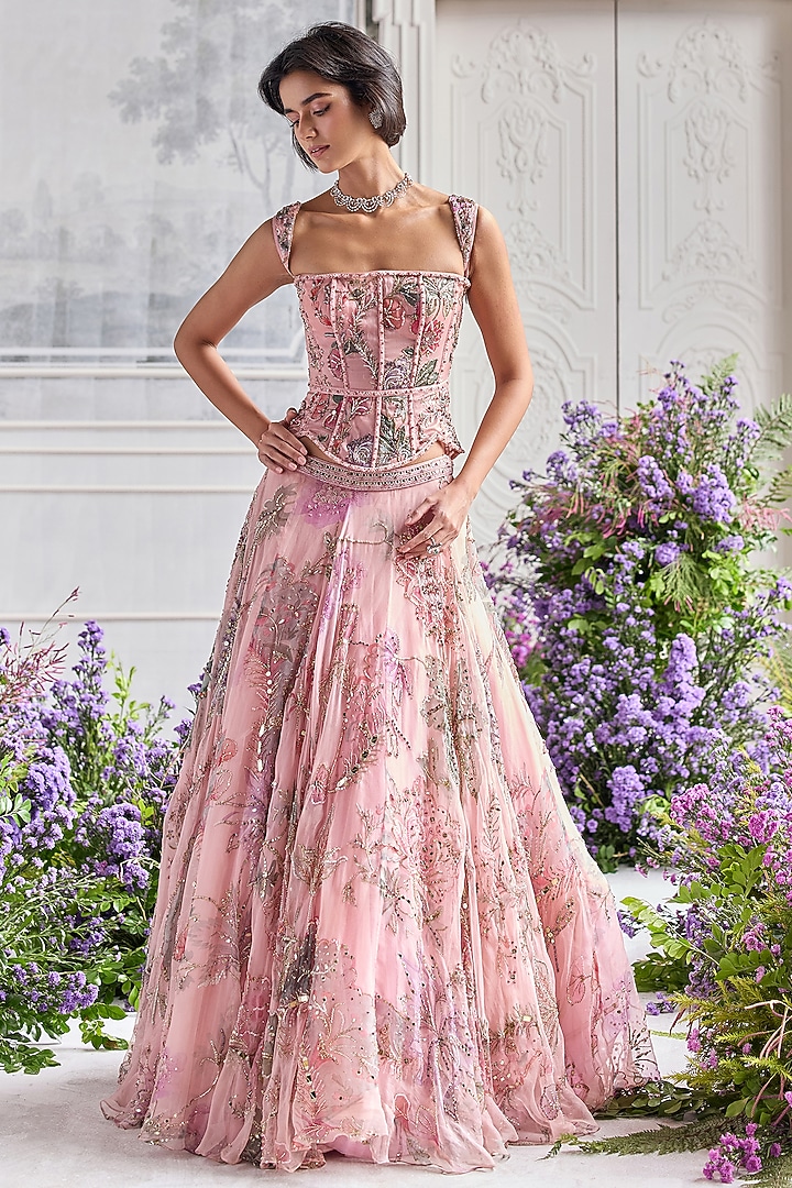 Blush Pink Silk Organza Embroidered & Printed Bridal Lehenga Set by Mahima Mahajan at Pernia's Pop Up Shop