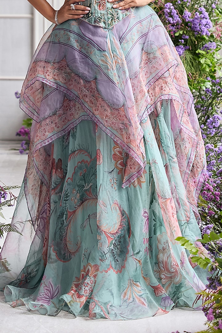 Jade Green Silk Organza Floral Printed Asymmetrical Skirt Set by Mahima Mahajan at Pernia's Pop Up Shop