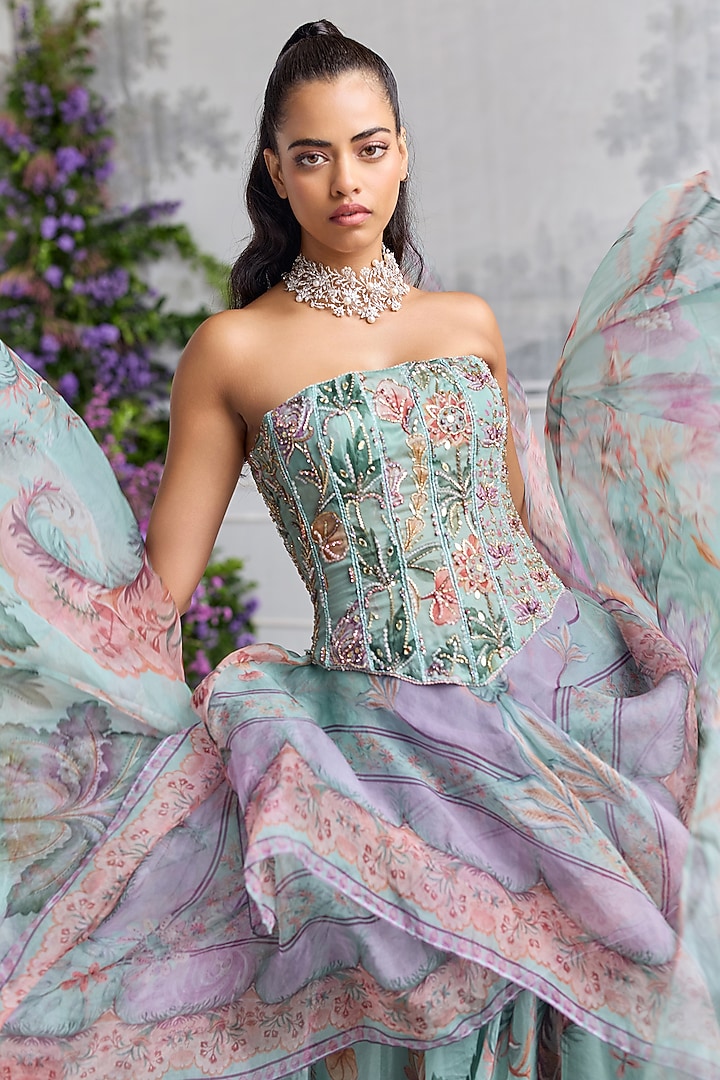 Jade Green Silk Organza Floral Printed Asymmetrical Skirt Set by Mahima Mahajan at Pernia's Pop Up Shop