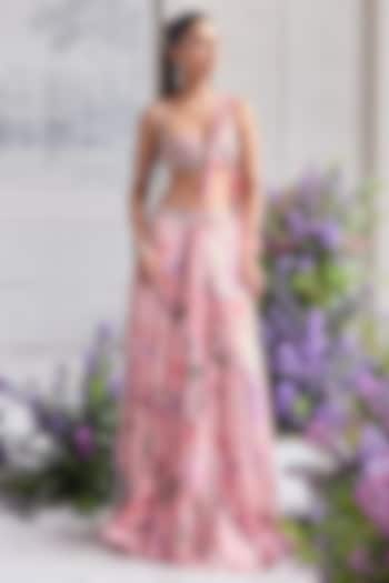 Blush Pink Silk Organza Embroidered & Printed Reception Lehenga Saree Set by Mahima Mahajan at Pernia's Pop Up Shop