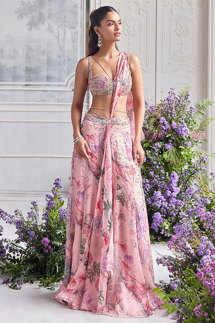 Blush Pink Silk Organza Embroidered & Printed Reception Lehenga Saree Set by Mahima Mahajan at Pernia's Pop Up Shop