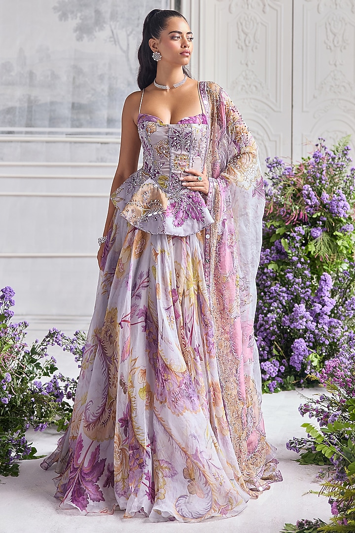 Lilac Silk Organza Floral Printed Wedding Lehenga Set by Mahima Mahajan at Pernia's Pop Up Shop