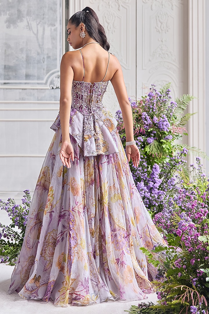Lilac Silk Organza Floral Printed Wedding Lehenga Set by Mahima Mahajan at Pernia's Pop Up Shop