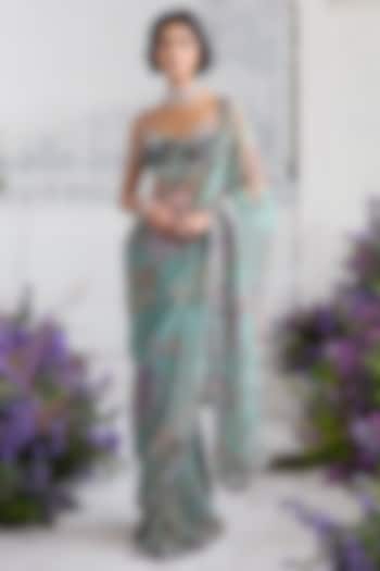 Jade Green Silk Organza Embroidered & Printed Pre-Draped Reception Saree Set by Mahima Mahajan at Pernia's Pop Up Shop
