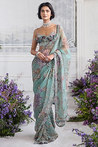 Jade Green Silk Organza Embroidered & Printed Pre-Draped Saree Set by Mahima Mahajan