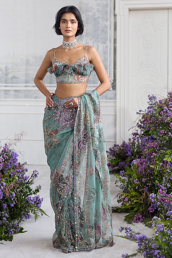 Jade Green Silk Organza Embroidered & Printed Pre-Draped Reception Saree Set by Mahima Mahajan at Pernia's Pop Up Shop