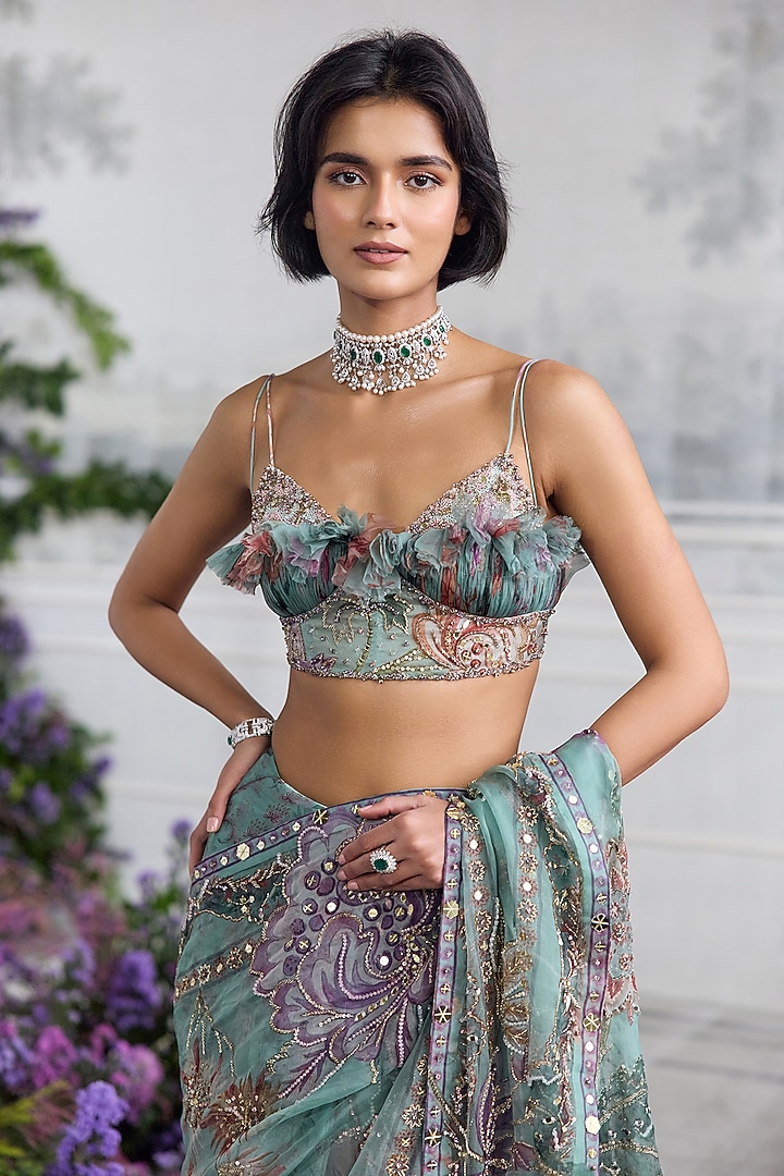 Jade Green Silk Organza Embroidered & Printed Pre-Draped Reception Saree Set by Mahima Mahajan at Pernia's Pop Up Shop