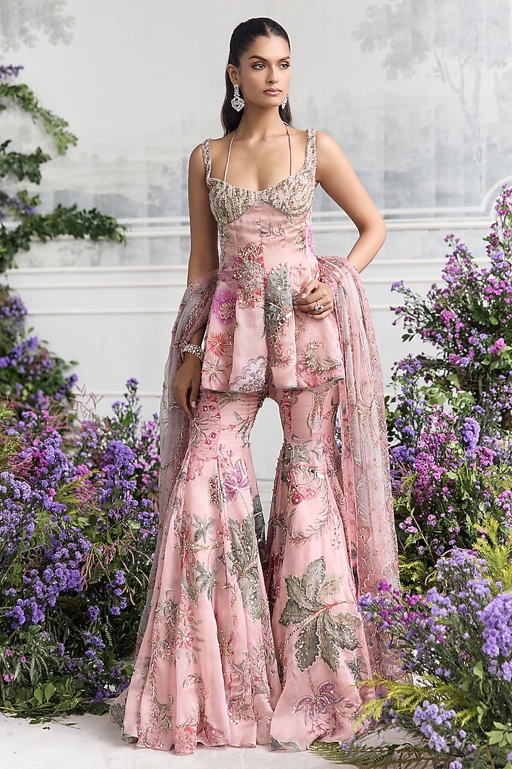 Blush Pink Silk Organza Embroidered & Printed Bridal Sharara Set by Mahima Mahajan at Pernia's Pop Up Shop