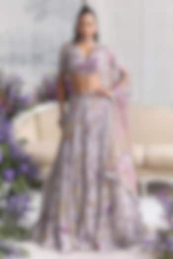 Lilac Silk Organza Embroidered & Printed Bridal Lehenga Set by Mahima Mahajan at Pernia's Pop Up Shop