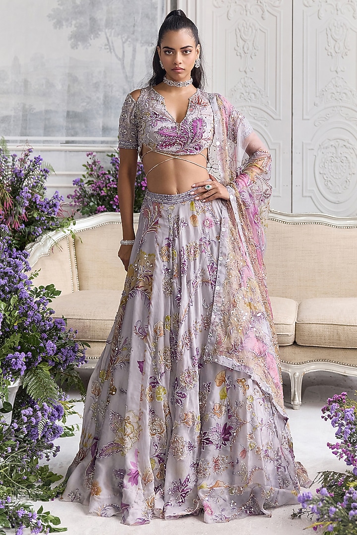Lilac Silk Organza Embroidered & Printed Bridal Lehenga Set by Mahima Mahajan at Pernia's Pop Up Shop