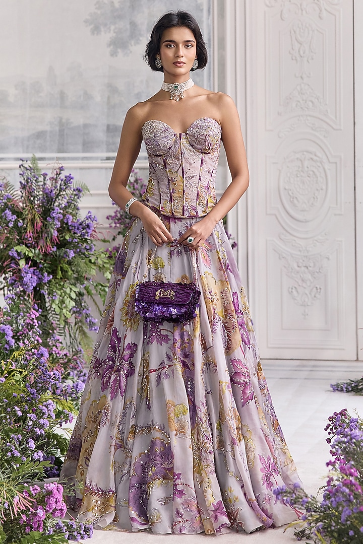 Lilac Silk Organza Embroidered & Printed Bridal lehenga for 22 Lehenga Set by Mahima Mahajan at Pernia's Pop Up Shop