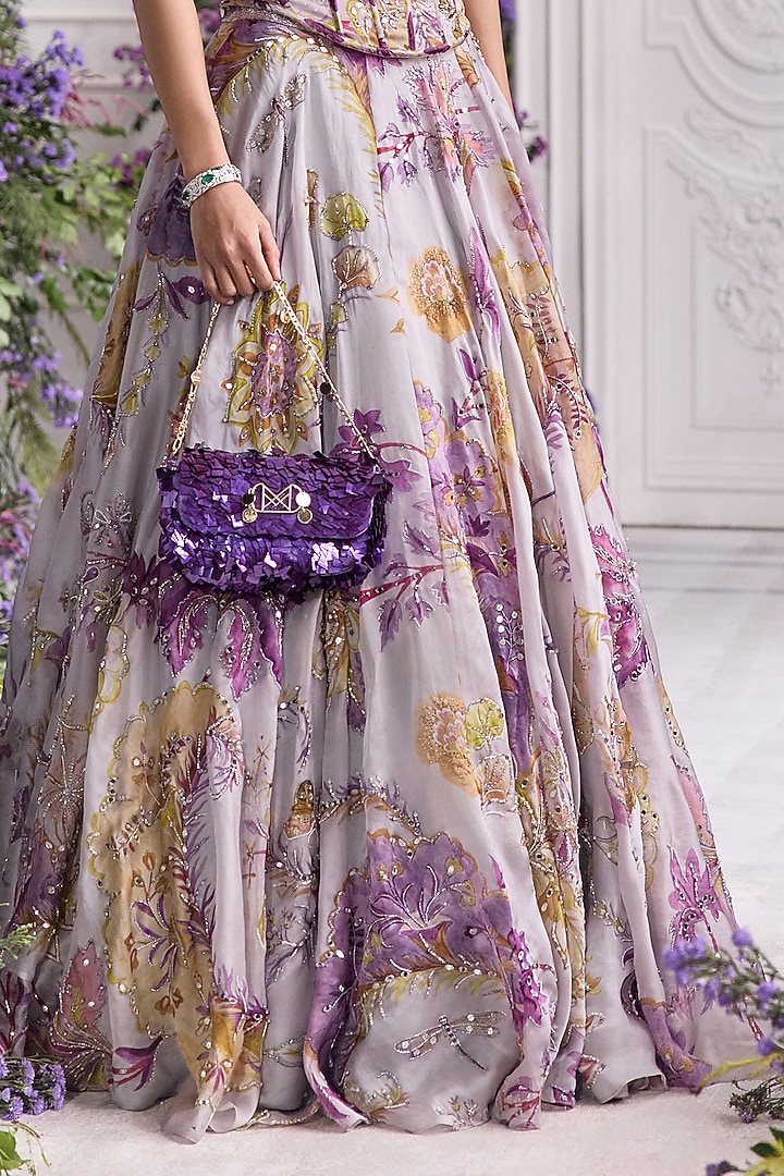 Lilac Silk Organza Embroidered & Printed Wedding Lehenga Set by Mahima Mahajan at Pernia's Pop Up Shop
