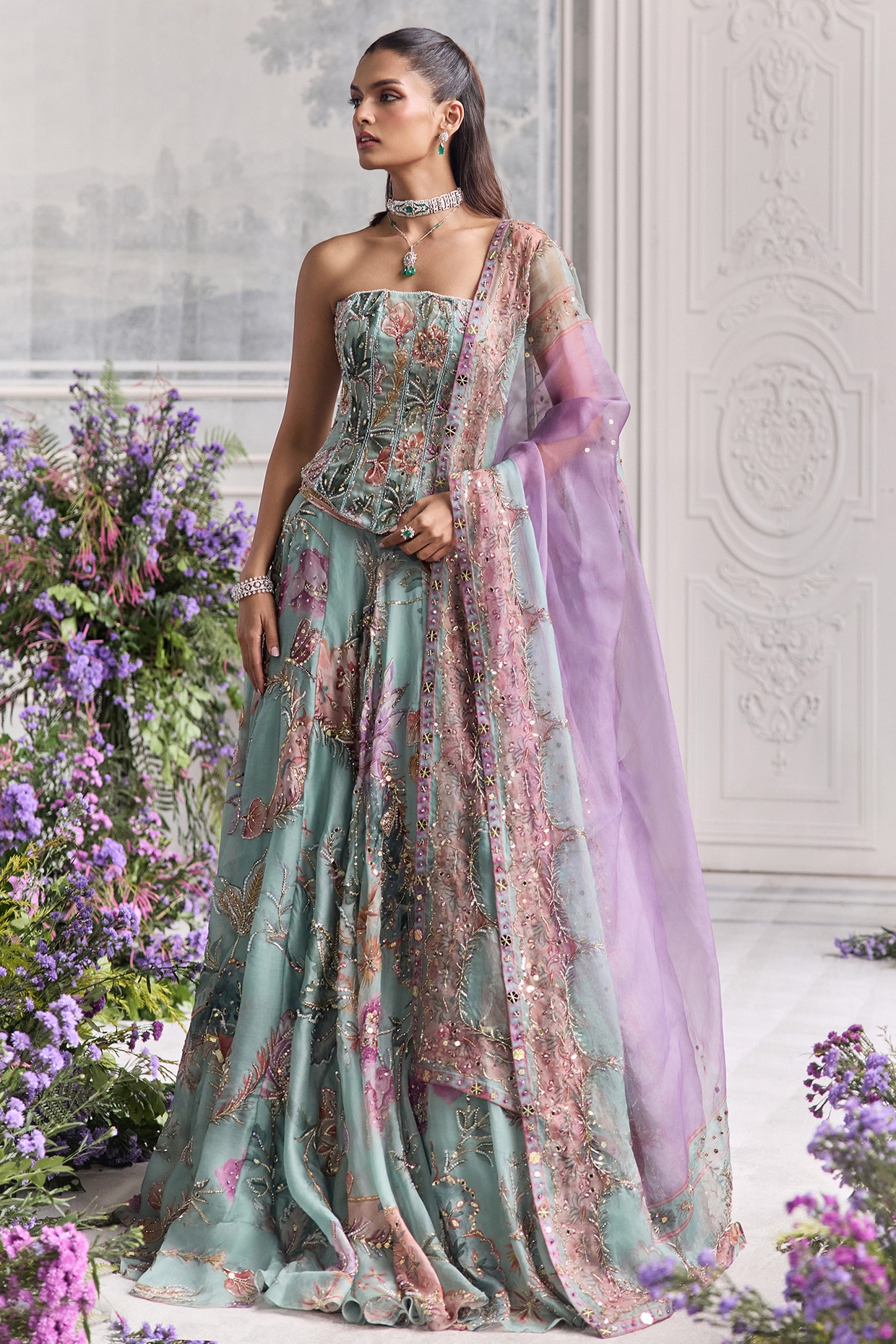 Mahima Mahajan Jade Green Silk Organza Embroidered & Printed Lehenga Set