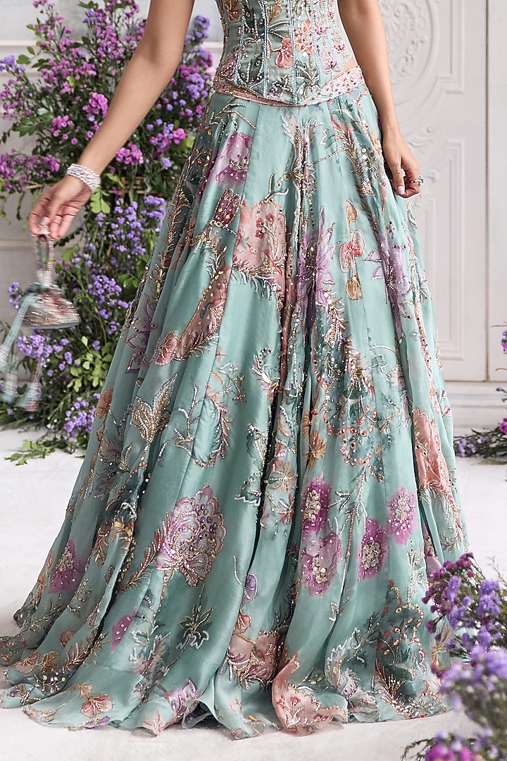 Jade Green Silk Organza Embroidered & Printed Bridal Lehenga Set by Mahima Mahajan at Pernia's Pop Up Shop