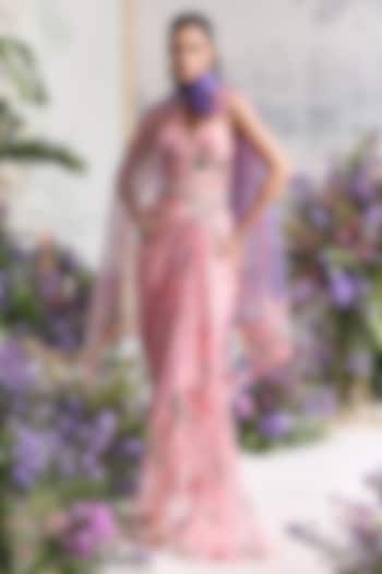 Blush Pink Silk Organza Printed Draped Skirt Set by Mahima Mahajan at Pernia's Pop Up Shop