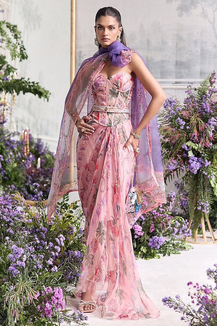 Blush Pink Silk Organza Printed Draped Skirt Set by Mahima Mahajan at Pernia's Pop Up Shop