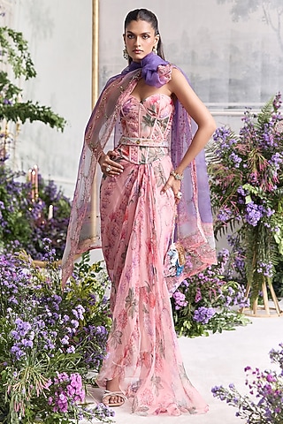 Blush Pink Silk Organza Printed Draped Skirt Set by Mahima Mahajan