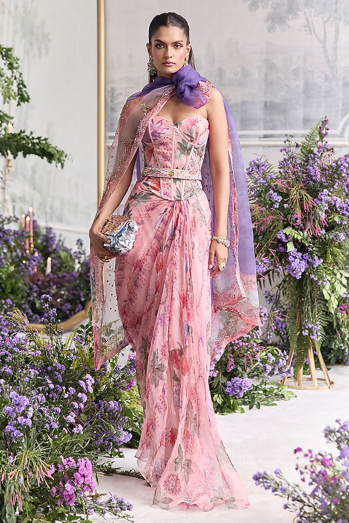 Blush Pink Silk Organza Printed Draped Skirt Set by Mahima Mahajan at Pernia's Pop Up Shop