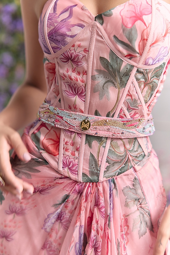 Blush Pink Silk Organza Printed Draped Skirt Set by Mahima Mahajan at Pernia's Pop Up Shop