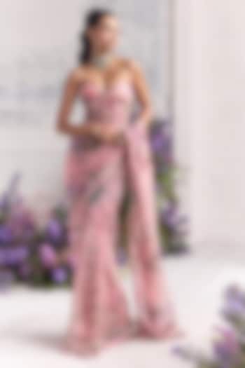 Blush Pink Silk Organza Embroidered & Printed Pre-Draped Reception Saree Set by Mahima Mahajan at Pernia's Pop Up Shop