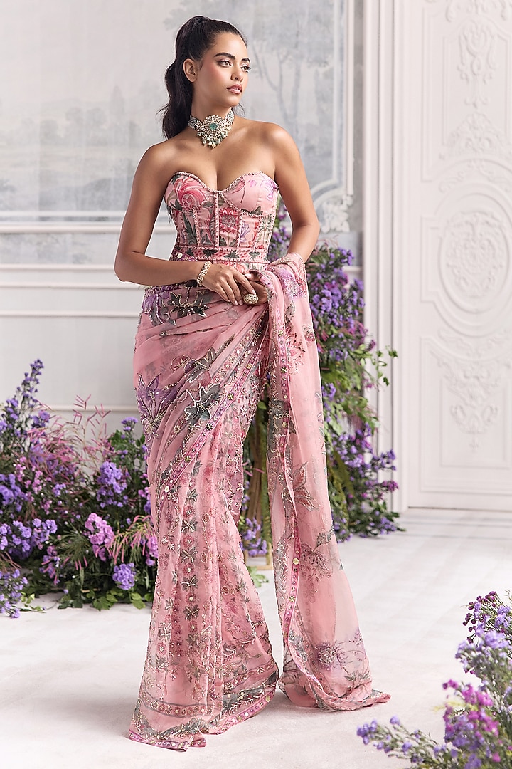 Blush Pink Silk Organza Embroidered & Printed Pre-Draped Reception Saree Set by Mahima Mahajan at Pernia's Pop Up Shop