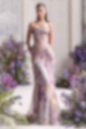 Lilac Silk Organza Printed Draped Skirt Set by Mahima Mahajan at Pernia's Pop Up Shop