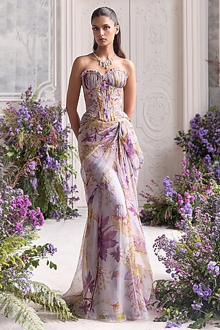 Lilac Silk Organza Printed Draped Skirt Set by Mahima Mahajan