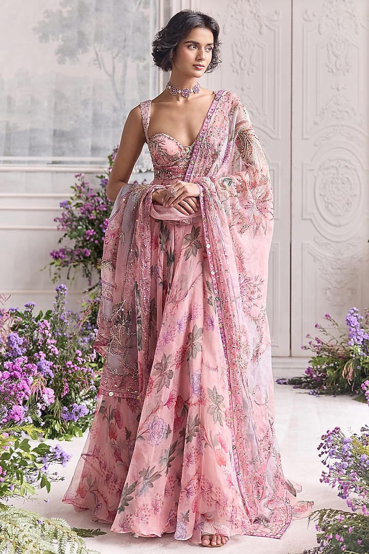 Blush Pink Silk Organza Embroidered & Printed Bridal Anarkali Set by Mahima Mahajan at Pernia's Pop Up Shop