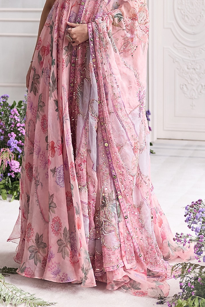 Blush Pink Silk Organza Embroidered & Printed Bridal Anarkali Set by Mahima Mahajan at Pernia's Pop Up Shop