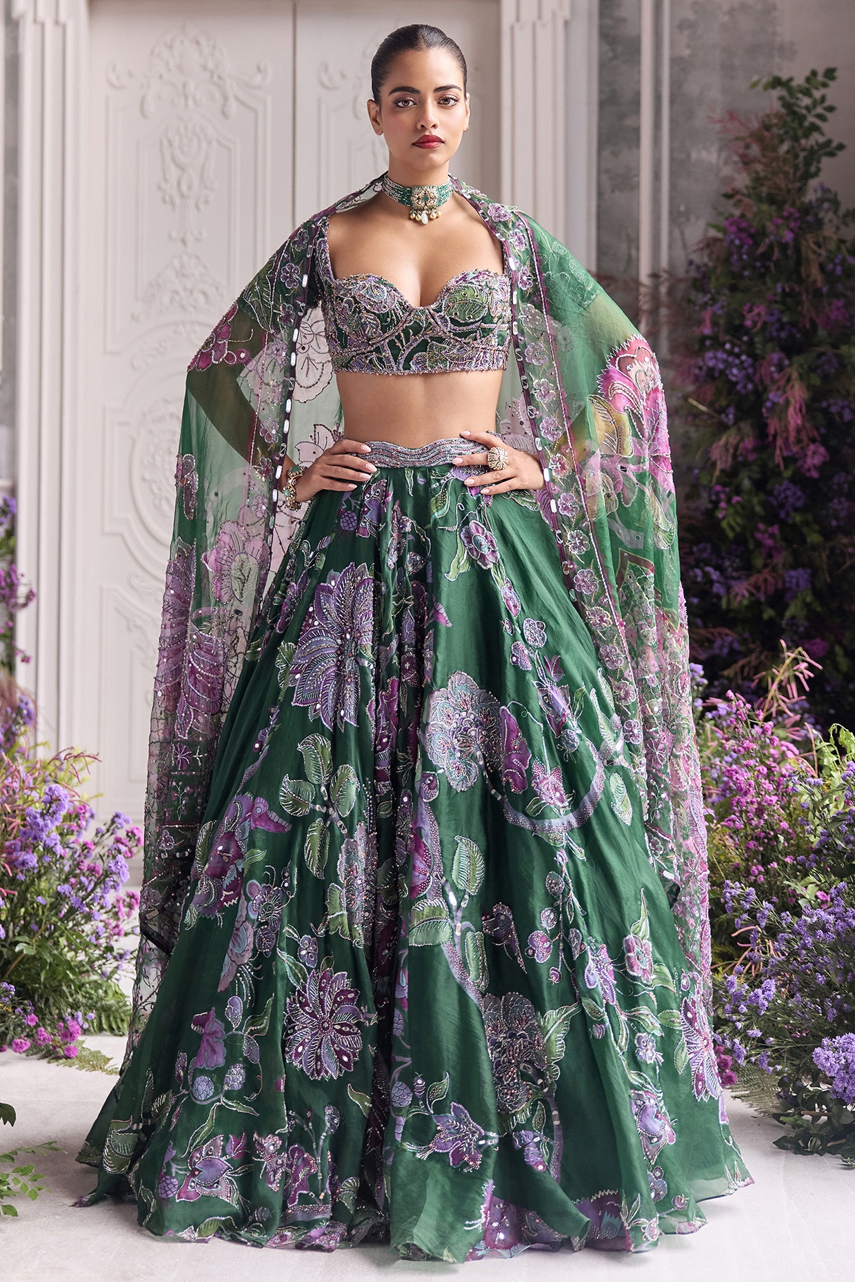 Mahima Mahajan Forest Green Silk Organza Printed & Embroidered Lehenga Set