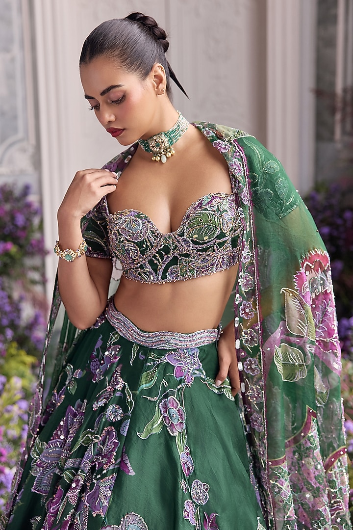 Forest Green Silk Organza Printed & Embroidered Bridal Lehenga Set by Mahima Mahajan at Pernia's Pop Up Shop