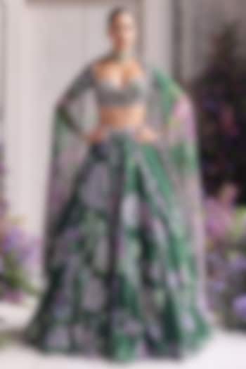 Forest Green Silk Organza Embroidered & Printed Bridal Lehenga Set by Mahima Mahajan at Pernia's Pop Up Shop