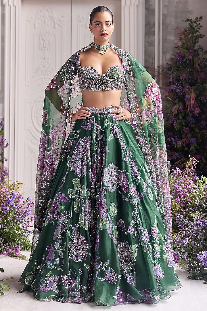 Forest Green Silk Organza Embroidered & Printed Bridal Lehenga Set by Mahima Mahajan at Pernia's Pop Up Shop