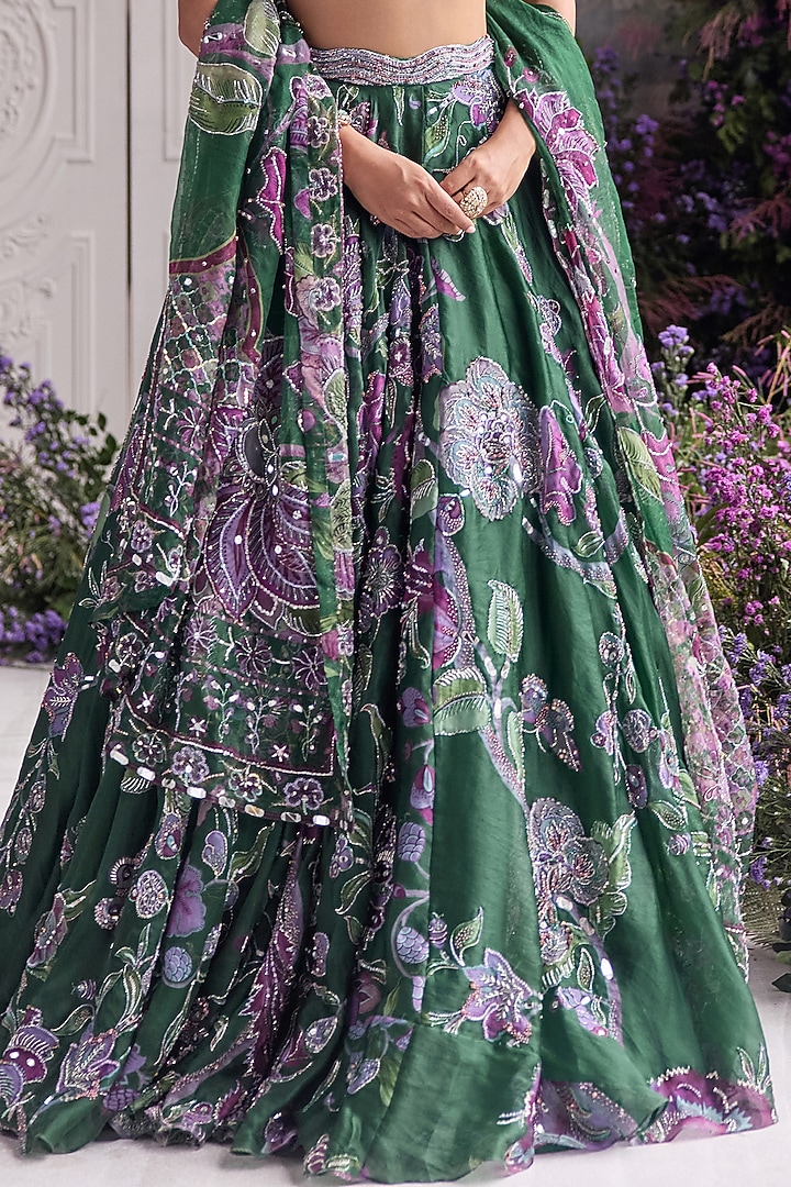 Forest Green Silk Organza Embroidered & Printed Bridal Lehenga Set by Mahima Mahajan at Pernia's Pop Up Shop