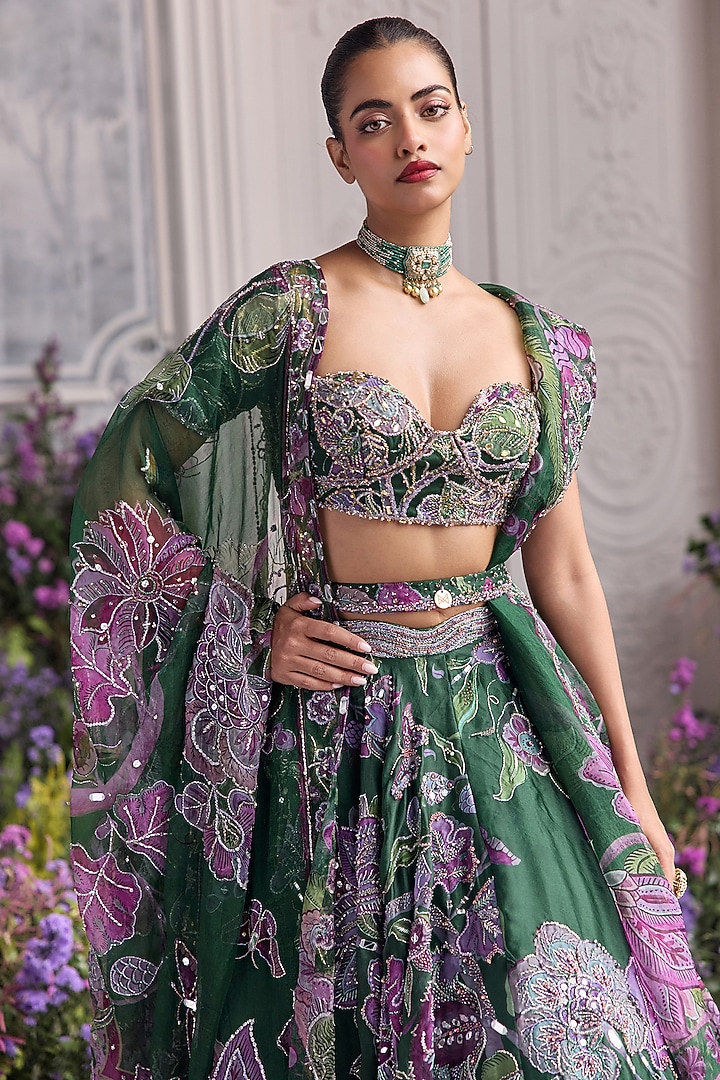 Forest Green Silk Organza Embroidered & Printed Bridal Lehenga Set by Mahima Mahajan at Pernia's Pop Up Shop