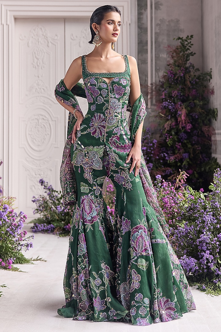 Forest Green Silk Organza Embroidered Bridal Sharara Set by Mahima Mahajan at Pernia's Pop Up Shop