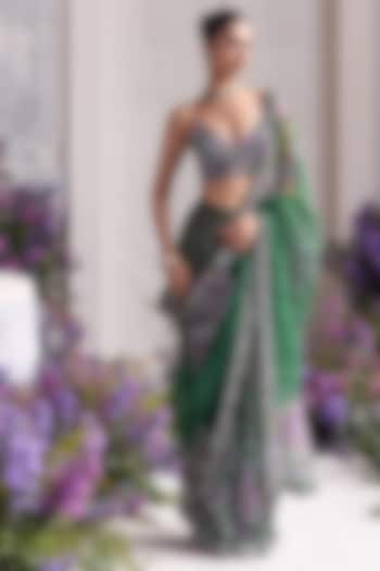 Forest Green Silk Organza Embroidered & Printed Pre-Draped Reception Saree Set by Mahima Mahajan at Pernia's Pop Up Shop