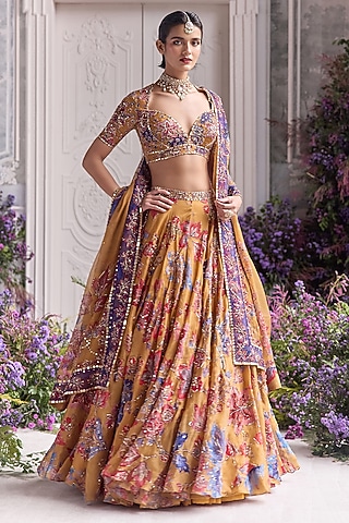 Amber Yellow Silk Organza Printed & Embroidered Lehenga Set by Mahima Mahajan