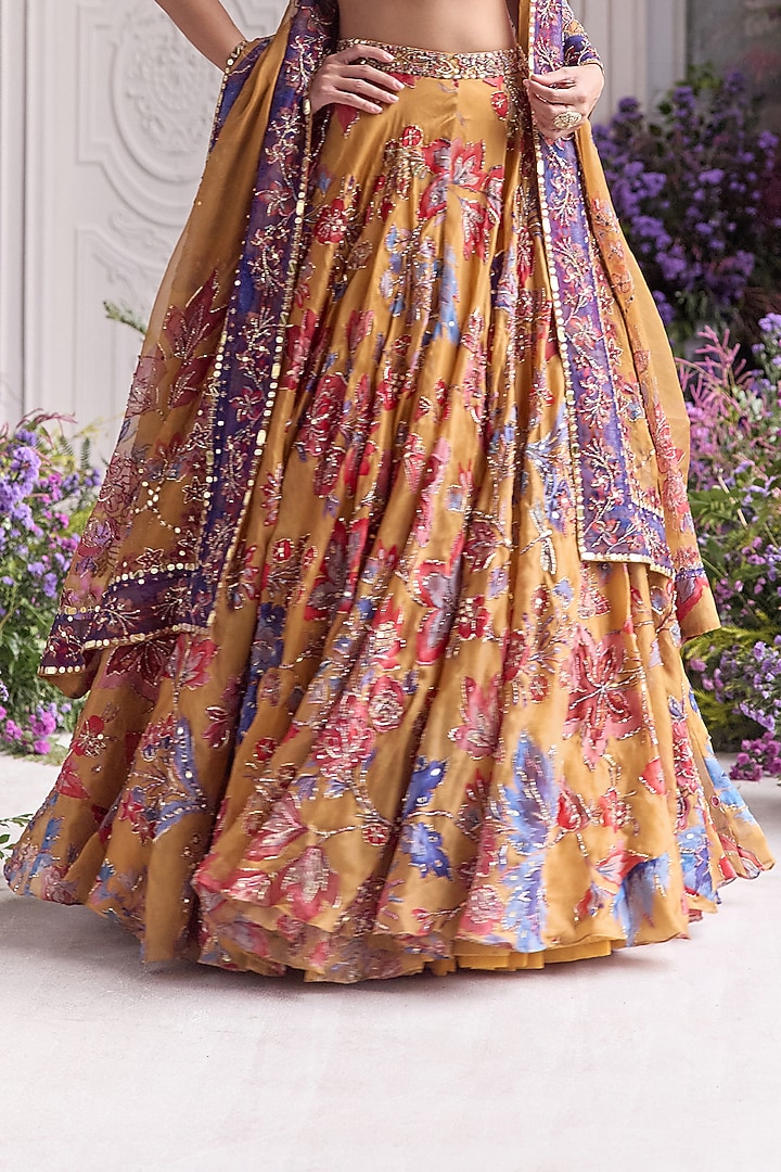 Amber Yellow Silk Organza Printed & Embroidered Bridal Lehenga Set by Mahima Mahajan at Pernia's Pop Up Shop