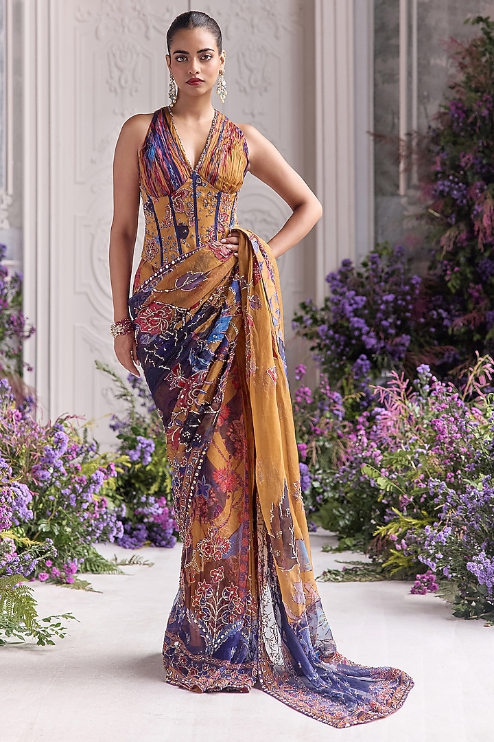 Amber Yellow Silk Organza Embroidered & Printed Pre-Draped Reception Saree Set by Mahima Mahajan at Pernia's Pop Up Shop