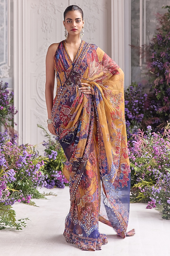 Amber Yellow Silk Organza Embroidered & Printed Pre-Draped Reception Saree Set by Mahima Mahajan at Pernia's Pop Up Shop