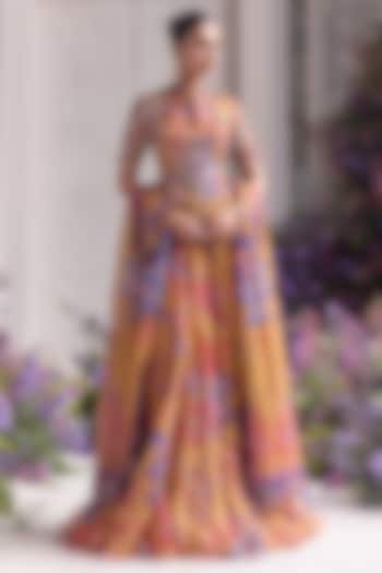 Amber Yellow Silk Organza Floral Printed Wedding Lehenga Set by Mahima Mahajan at Pernia's Pop Up Shop