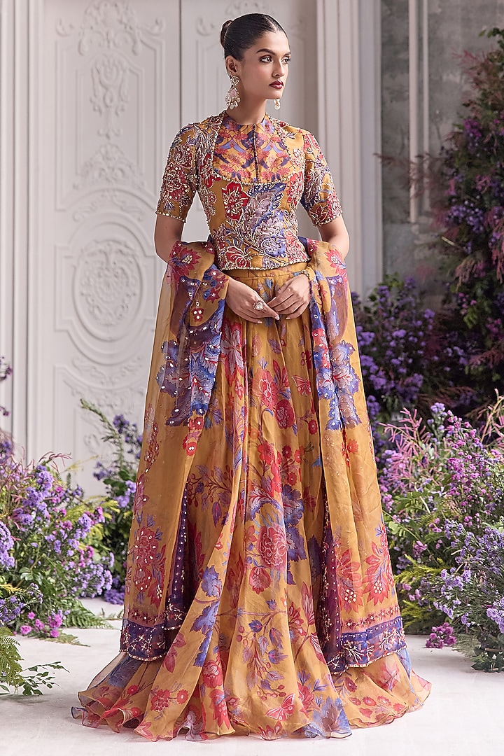 Amber Yellow Silk Organza Floral Printed Wedding Lehenga Set by Mahima Mahajan at Pernia's Pop Up Shop