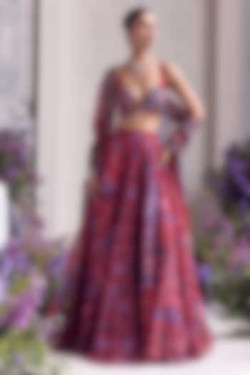Royal Red Silk Organza Floral Printed Wedding Lehenga Set by Mahima Mahajan at Pernia's Pop Up Shop