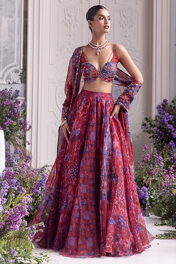 Royal Red Silk Organza Floral Printed Wedding Lehenga Set by Mahima Mahajan at Pernia's Pop Up Shop