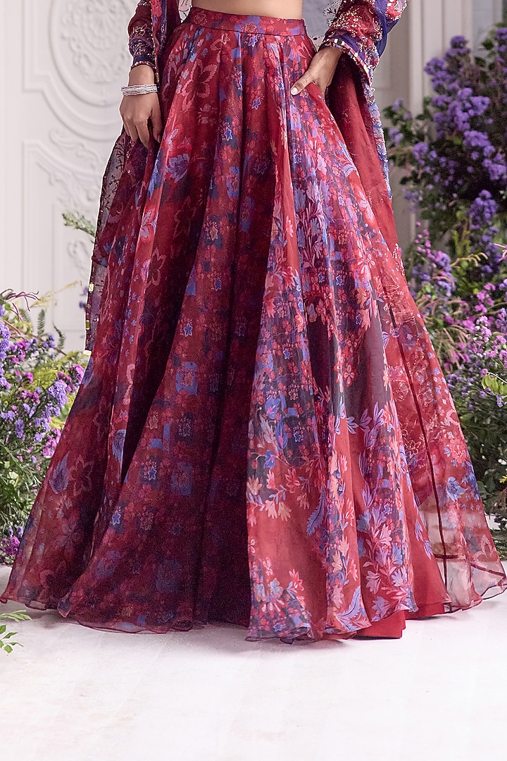 Royal Red Silk Organza Floral Printed Wedding Lehenga Set by Mahima Mahajan at Pernia's Pop Up Shop