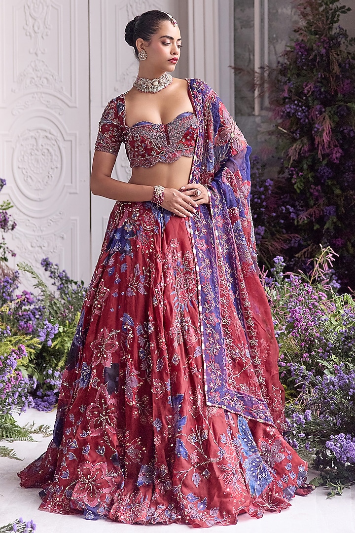 Royal Red Silk Organza Embroidered & Printed Bridal Lehenga Set by Mahima Mahajan at Pernia's Pop Up Shop
